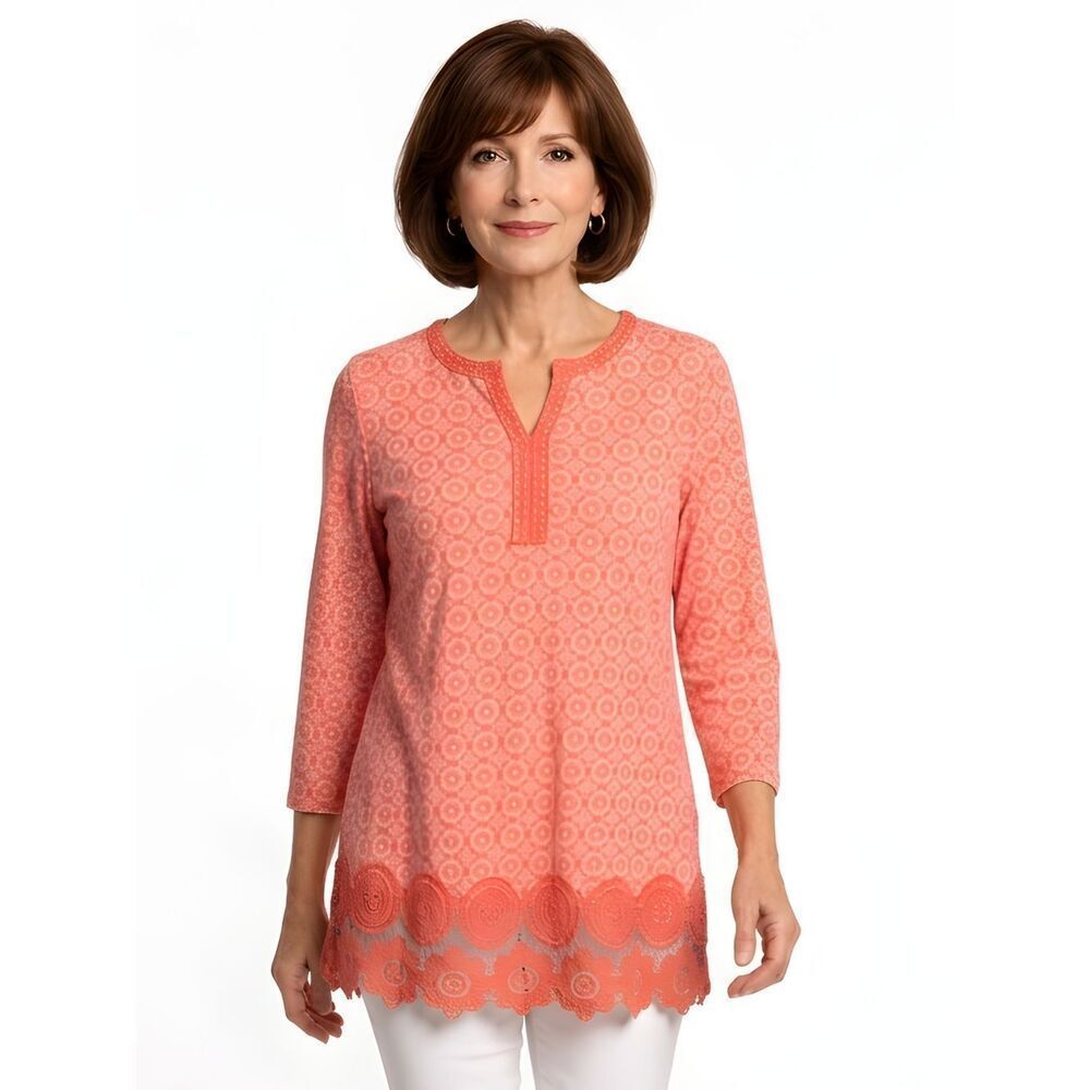 Lands' End Coral Geometric Split Neck Lace Trim 3/4 Sleeve Tunic Top Size XS/P